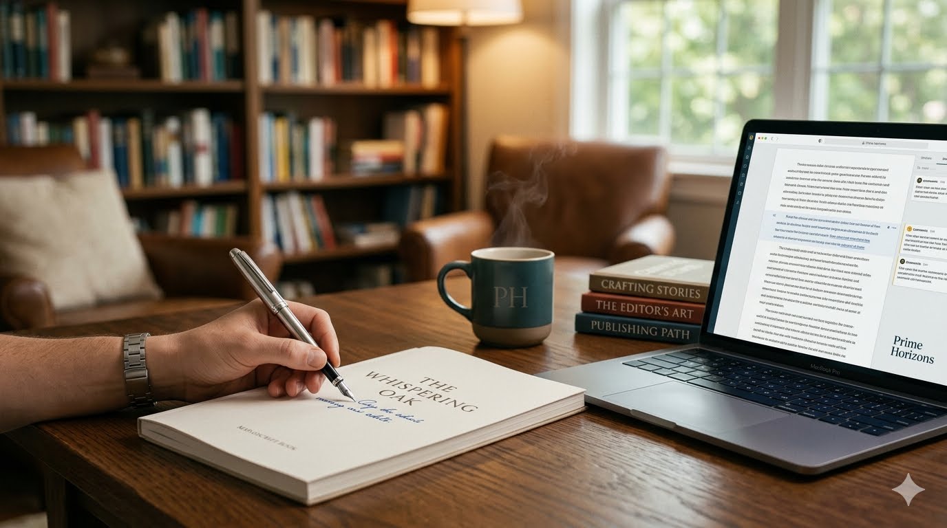 Professional manuscript editing workspace with open book and notebook